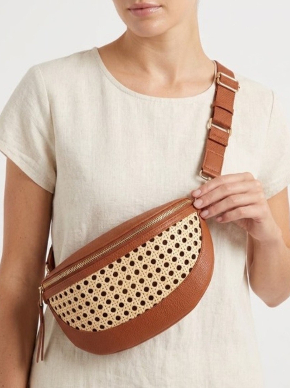 Woven Panel Tan Crossbody Bag